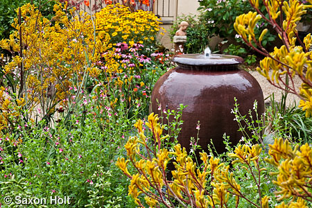 Urn fountain as focal point in perennial garden with yellow Kangaroo paw