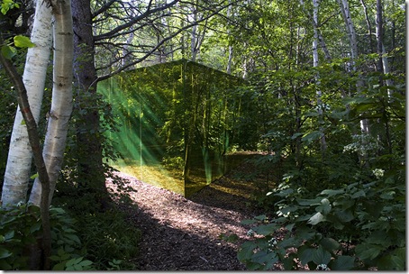 'Reflexions colorees' by Hal Ingberg, Quebec. An installation using semi reflective coloured glass panels surrounding a small stand of  Poplar trees within the forest. International Garden Festival, Jardin de Metis/Reford Gardens, Quebec, Canada.