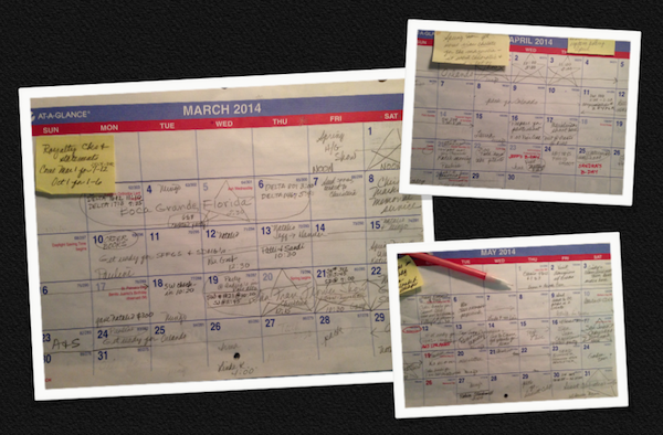 This spring's calendar pages, with speaking engagements indicated by stars.